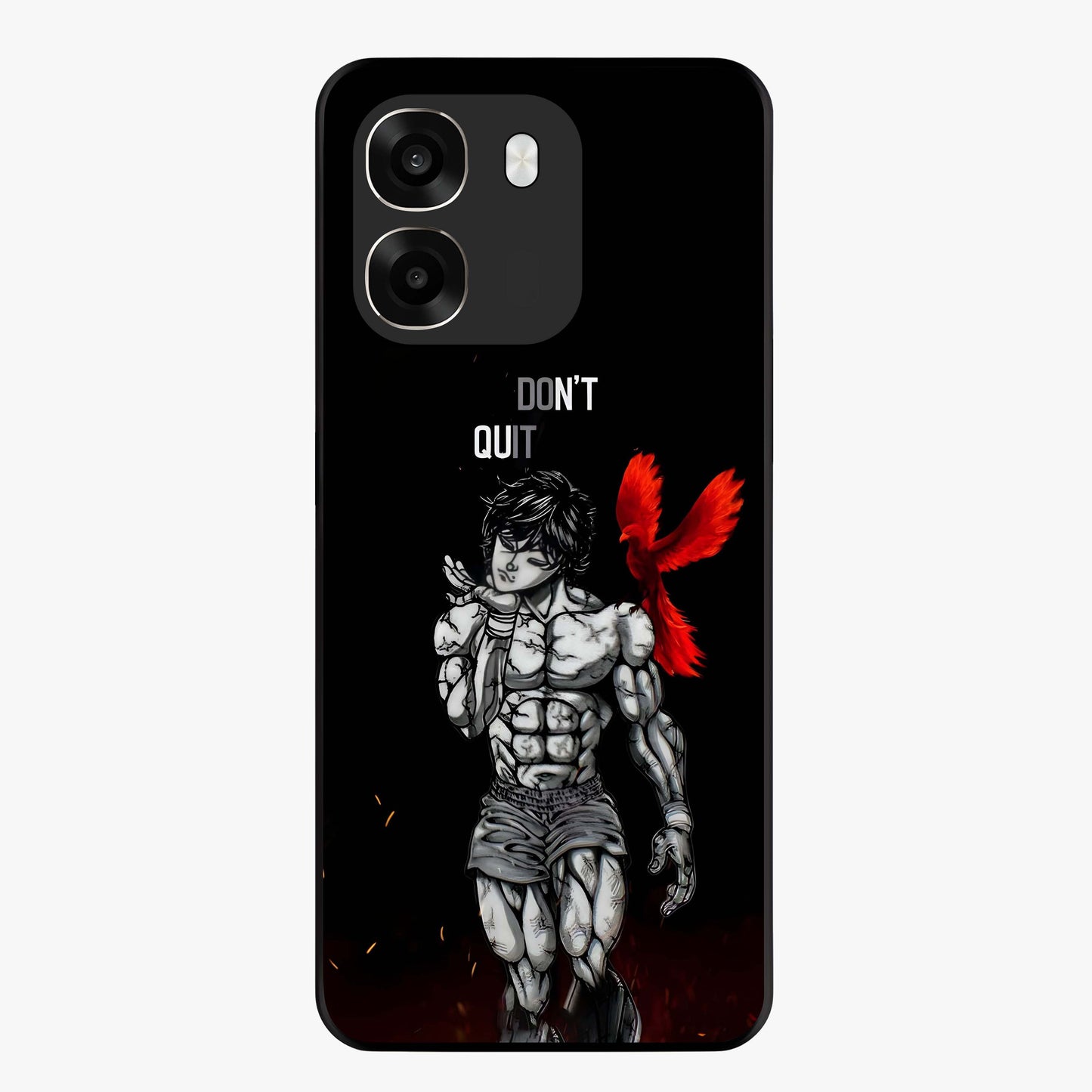 Rise Beyond Limits Glass Case showing flat back view with motivational typography artwork and glossy glass finish.