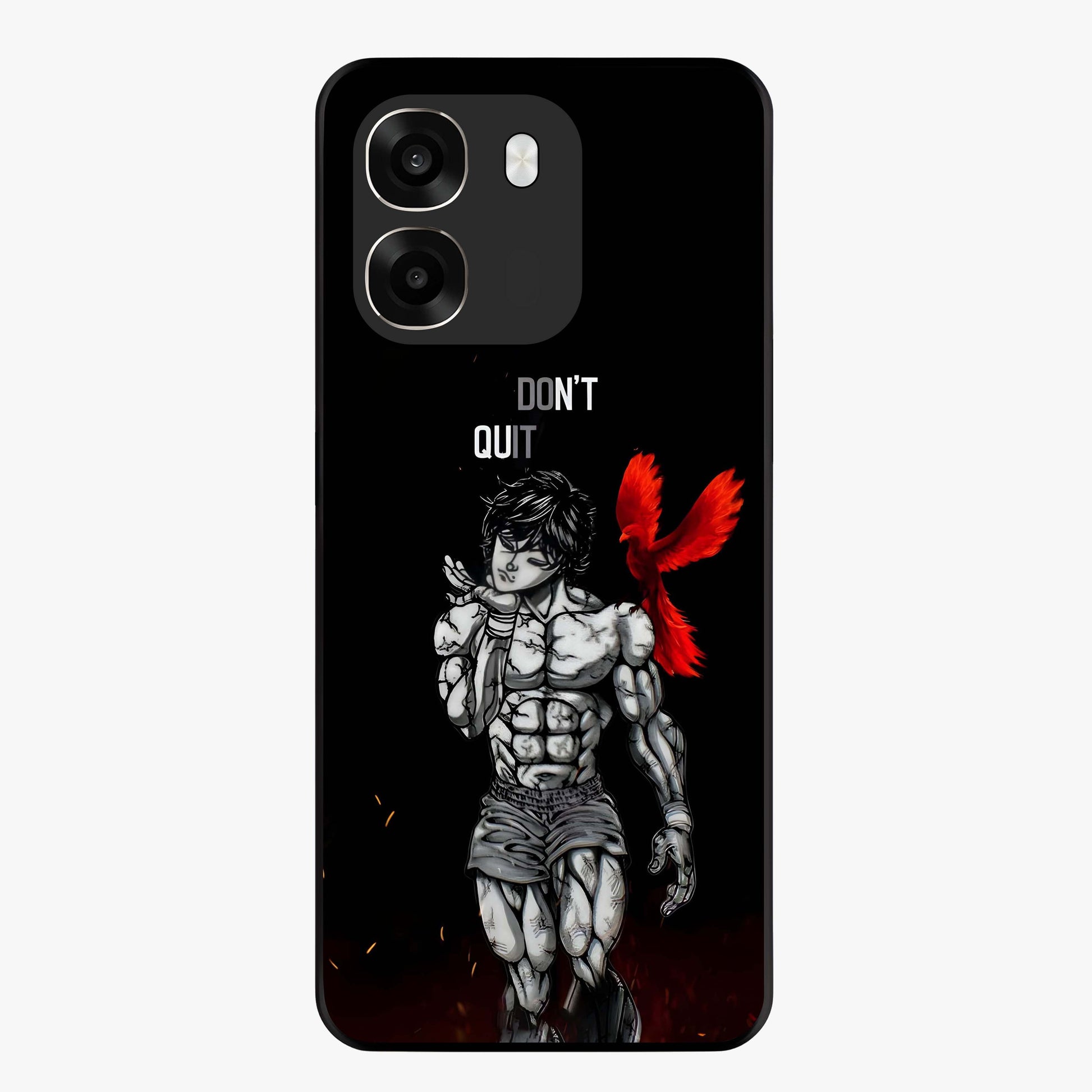 Rise Beyond Limits Glass Case showing flat back view with motivational typography artwork and glossy glass finish.