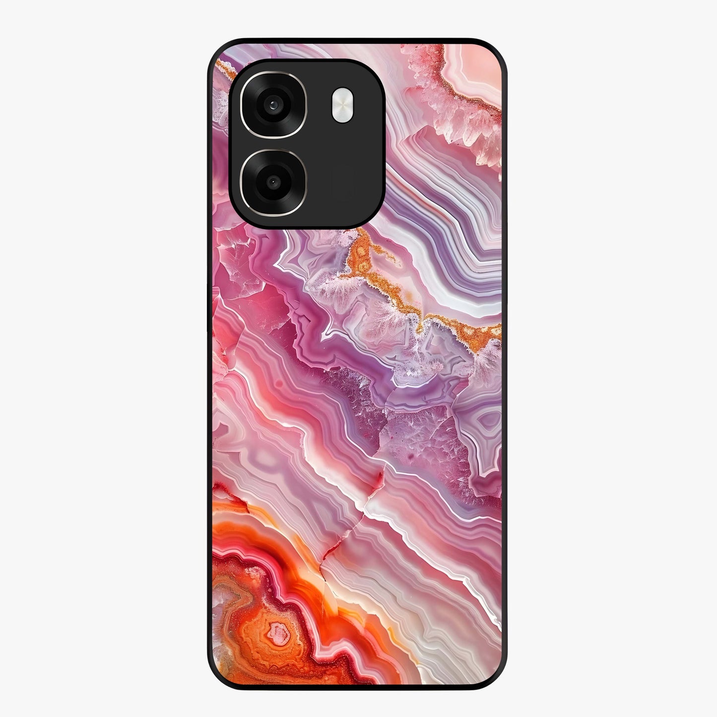 Rose Quartz Marble Glass Case showing flat back view with pink marble quartz texture artwork and glossy glass finish.