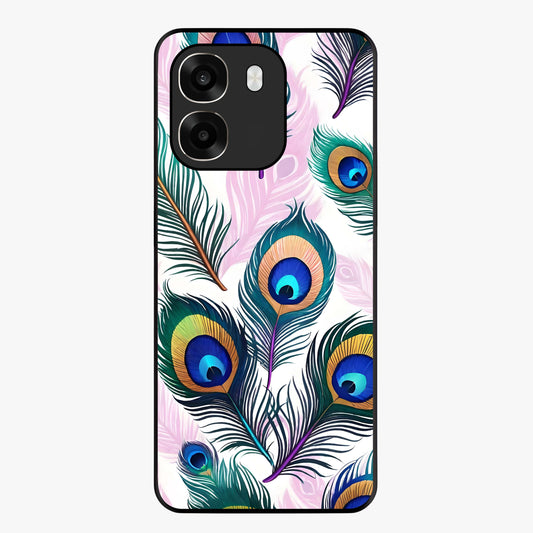 Royal Peacock Feathers Glass Case showing flat back view with colorful peacock feather artwork and glossy glass finish.