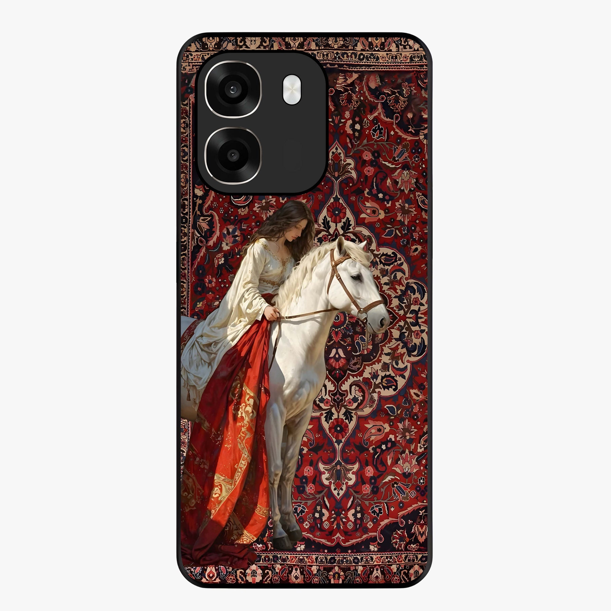 Royal Rider Tapestry Glass Case showing flat back view with majestic horse rider tapestry artwork and glossy glass finish.