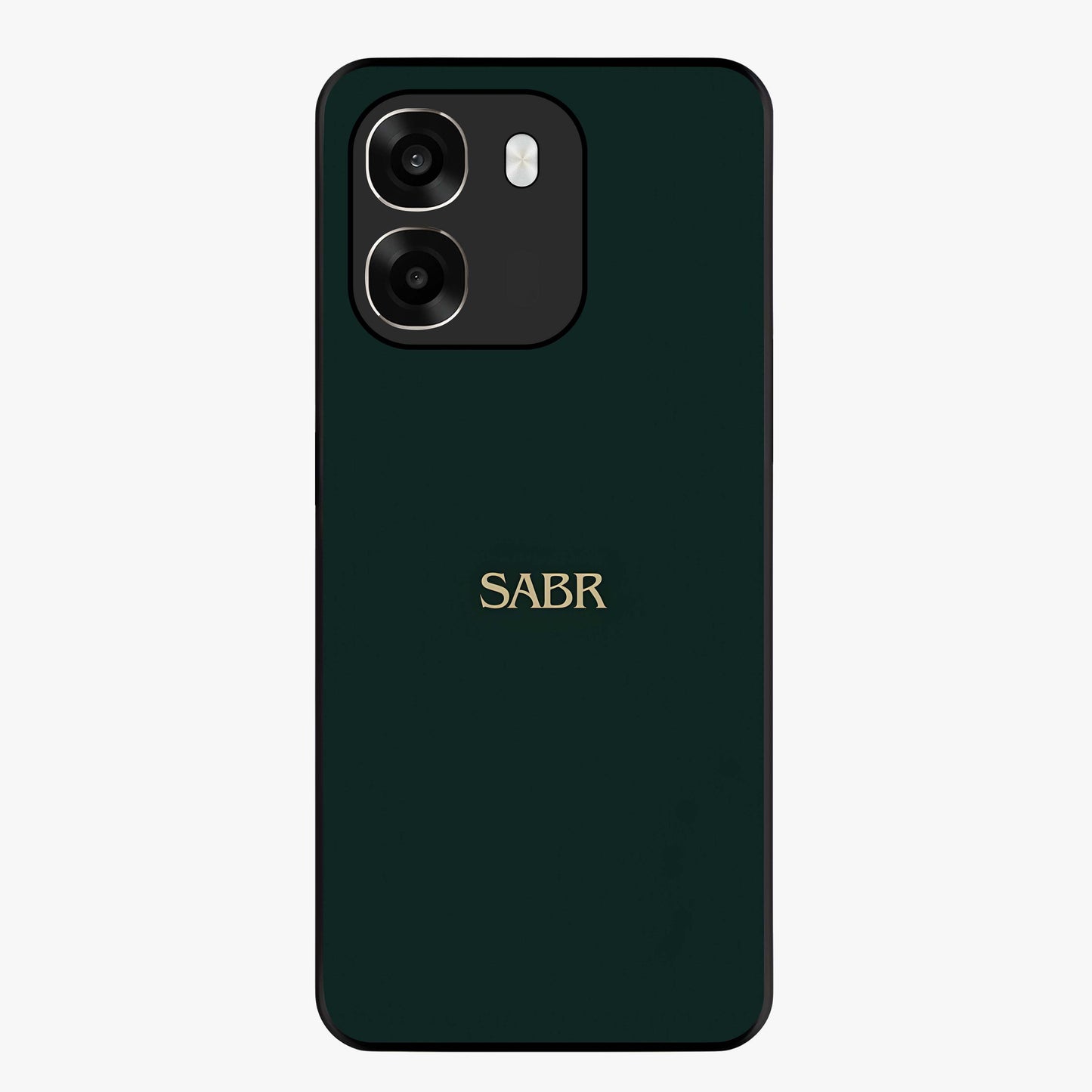 Sabr Minimal Patience Glass Case showing flat back view with minimalist typography artwork and glossy glass finish.