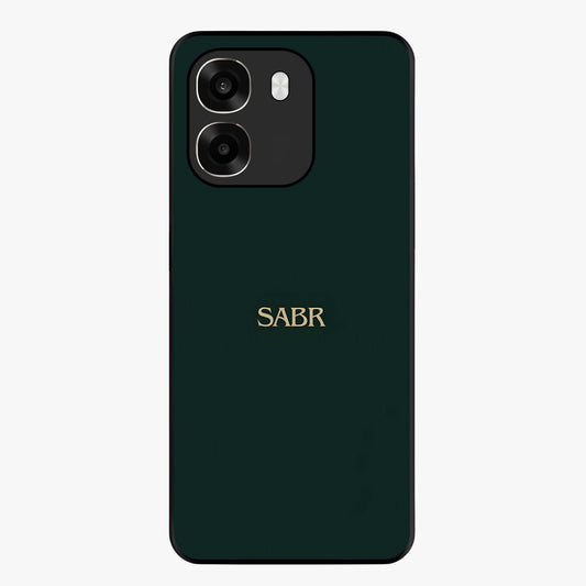Sabr Minimal Patience Glass Case showing flat back view with minimalist typography artwork and glossy glass finish.