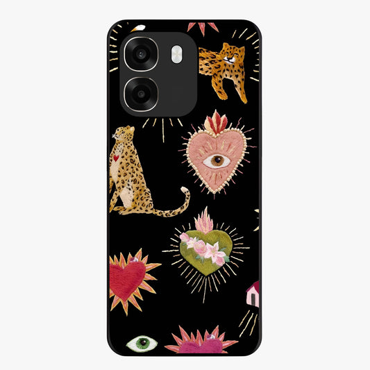 Sacred Jungle Heart Glass Case showing flat back view with jungle inspired heart artwork and glossy glass finish.
