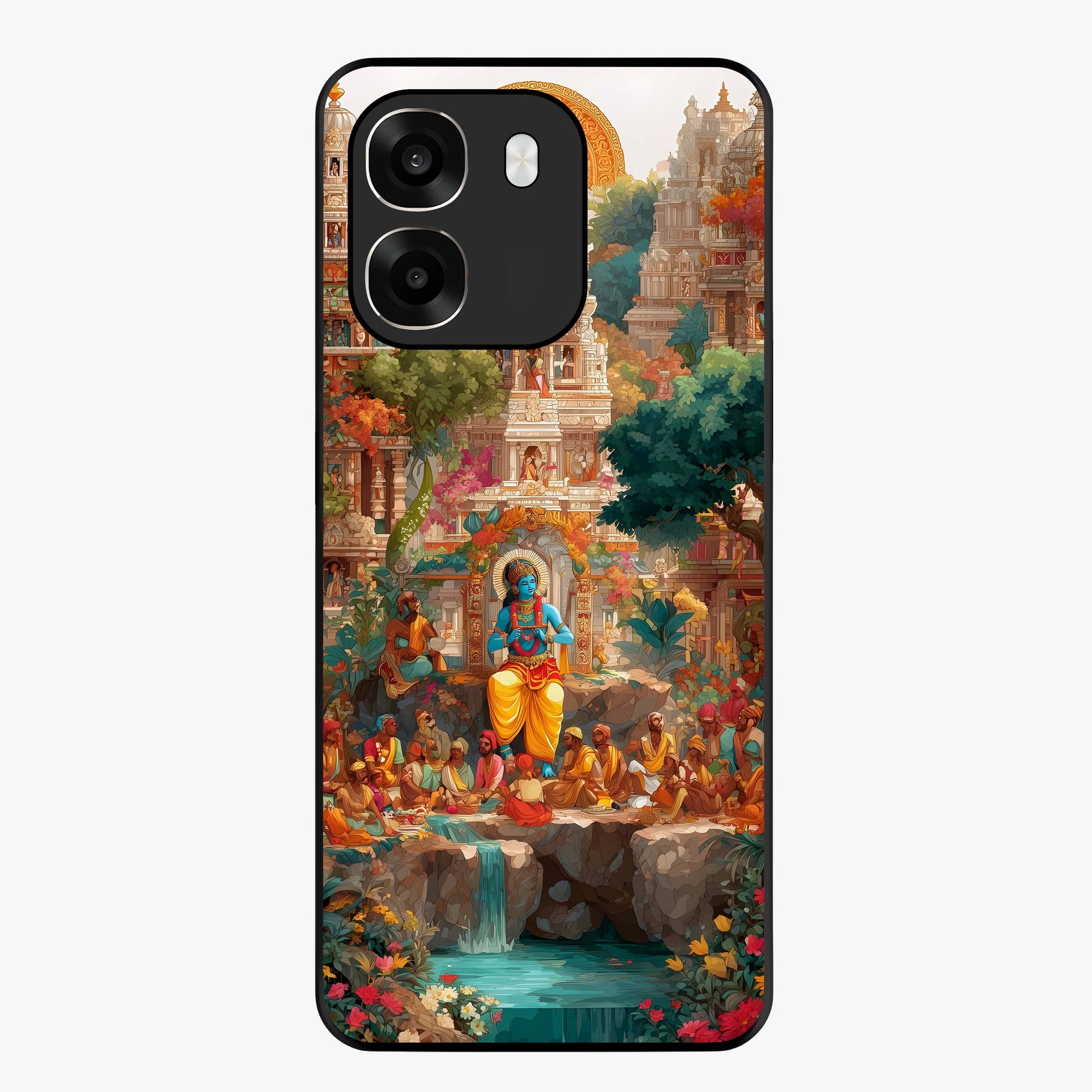 Sacred Sunlight Gods Glass Case showing flat back view with divine sunlight themed artwork and glossy glass finish.