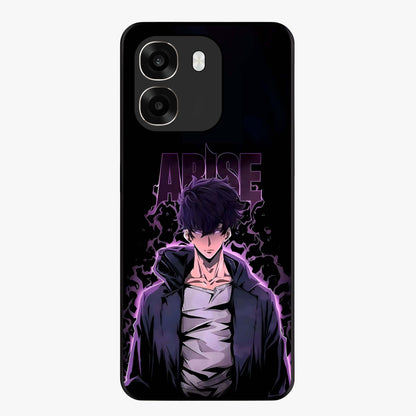 Shadow Monarch Awakening Glass Case showing flat back view with powerful dark monarch themed artwork and glossy glass finish.
