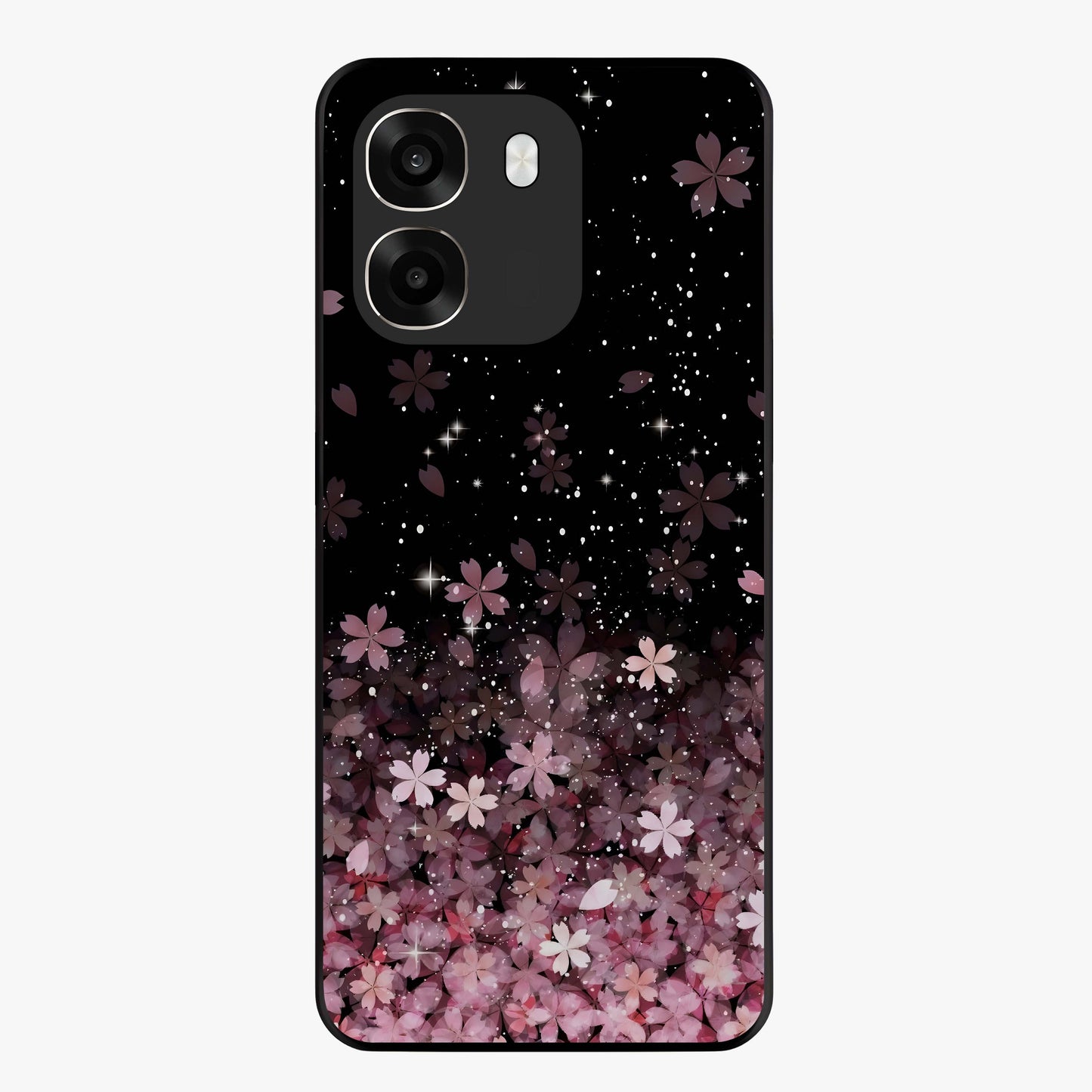 Small Starry Flowers Glass Case showing flat back view with delicate starry floral artwork and glossy glass finish.