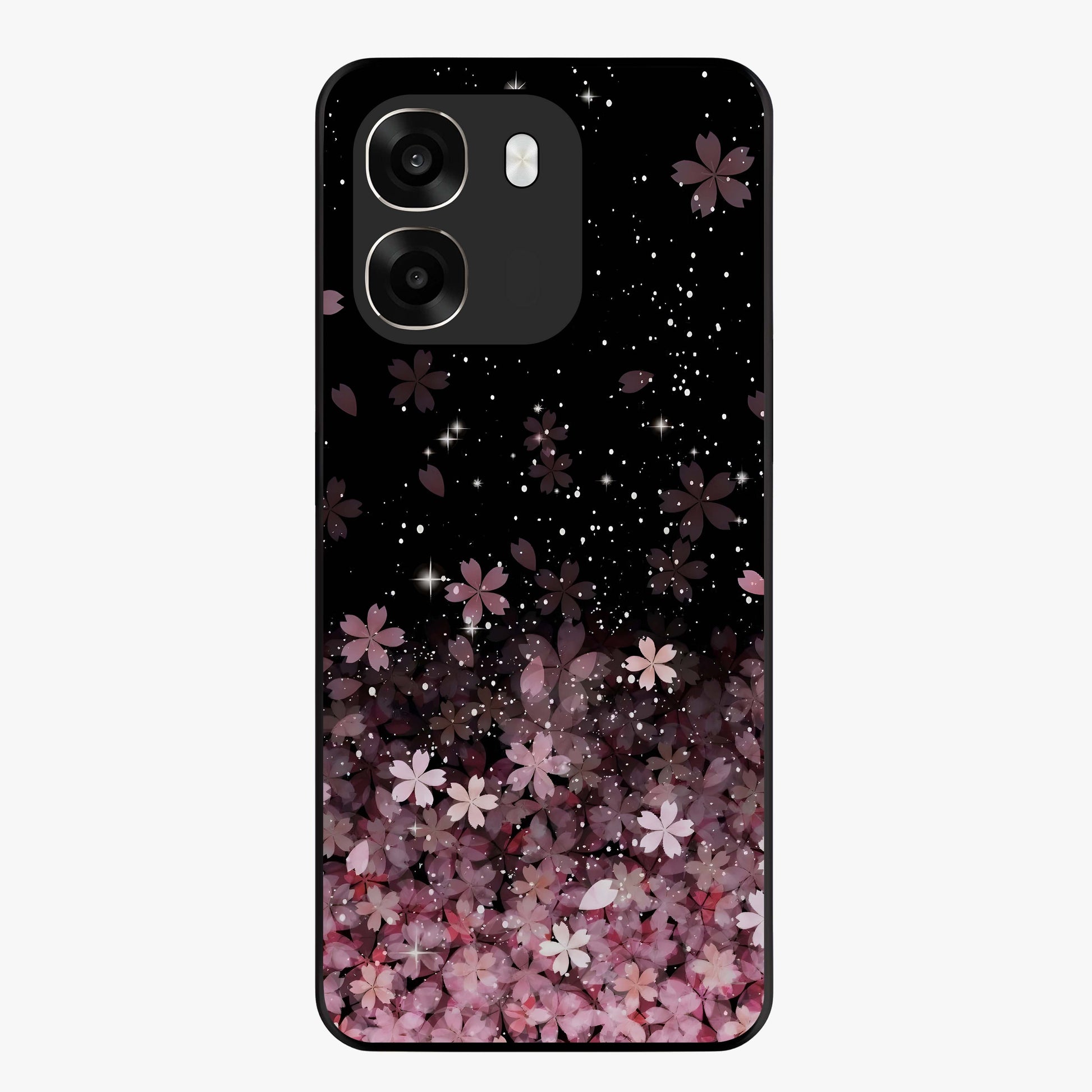 Small Starry Flowers Glass Case showing flat back view with delicate starry floral artwork and glossy glass finish.