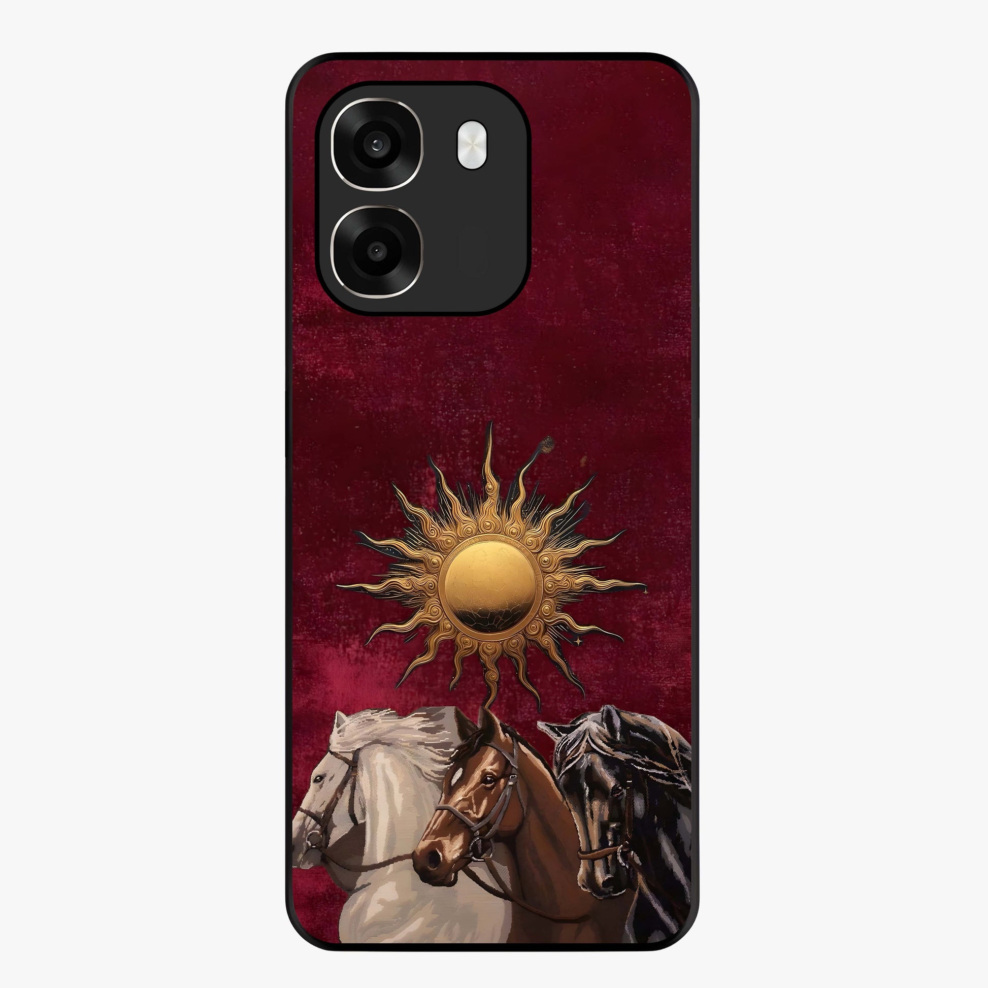 Solar Riders Glass Case showing flat back view with dynamic rider themed artwork and glossy glass finish.