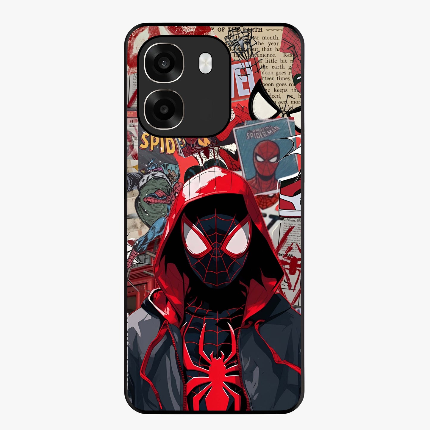 Spider Collage Street Glass Case showing flat back view with vibrant superhero collage artwork and glossy glass finish.