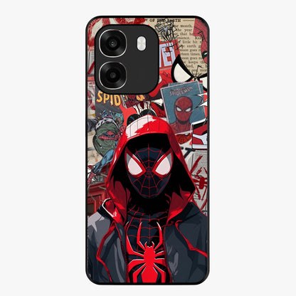 Spider Collage Street Glass Case showing flat back view with vibrant superhero collage artwork and glossy glass finish.