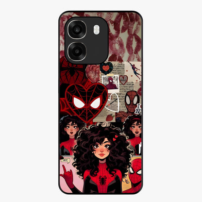 Spider Love Story Glass Case showing flat back view with romantic superhero themed artwork and glossy glass finish.