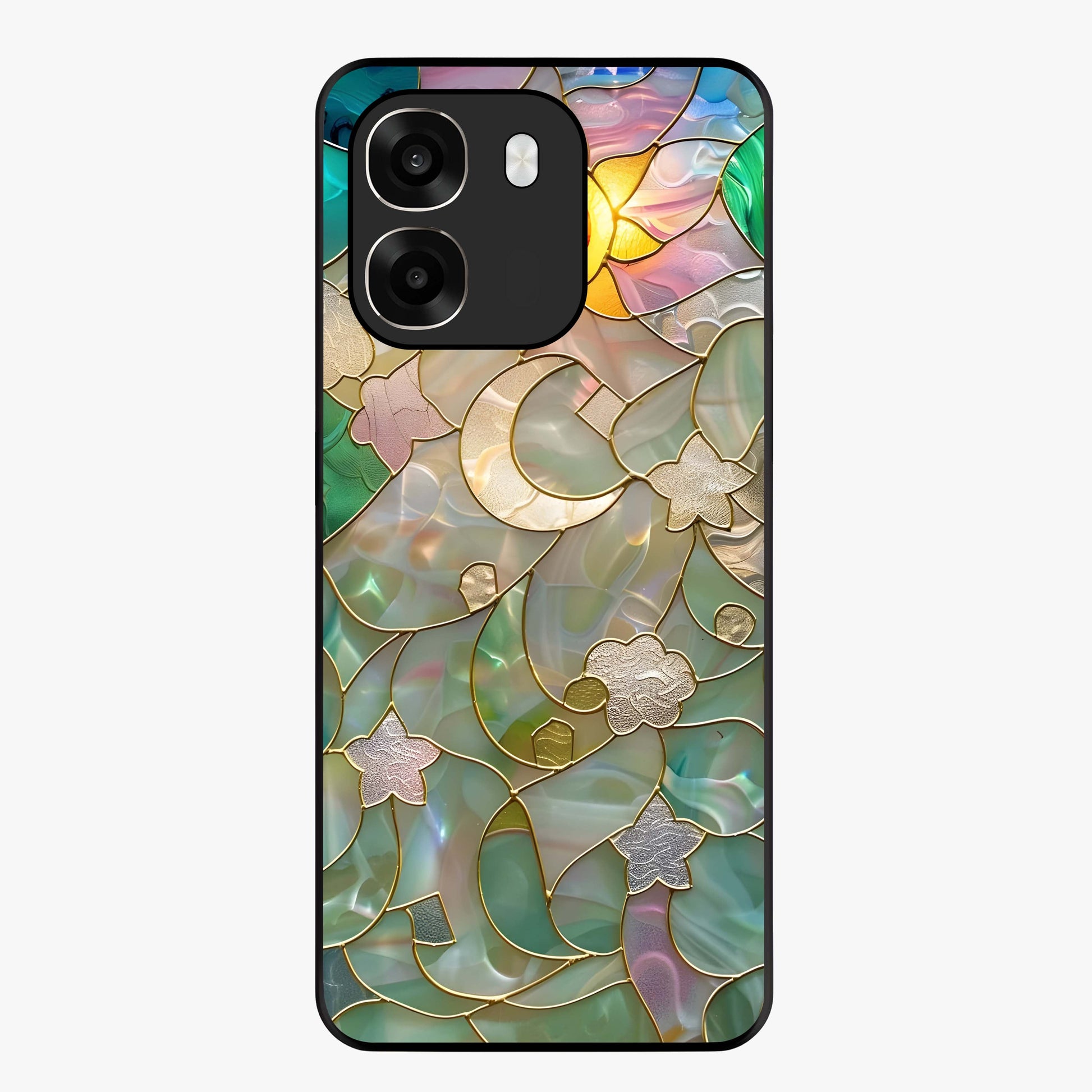 Stained Sunrise Glow Glass Case showing flat back view with glowing sunrise stained pattern artwork and glossy glass finish.