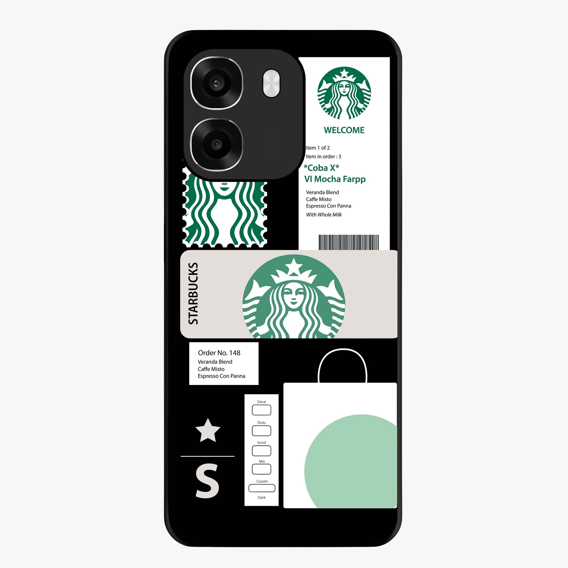 Starbucks Mocha Glass Case showing flat back view with coffee inspired artwork and glossy glass finish.