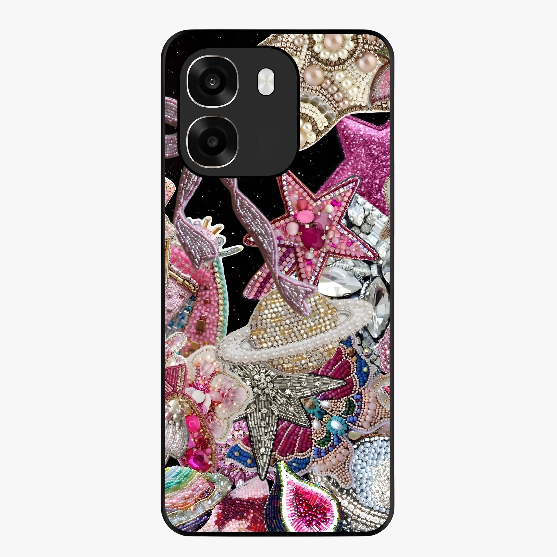 Starlit Jewel Dream Glass Case showing flat back view with sparkling jewel and star themed artwork and glossy glass finish.