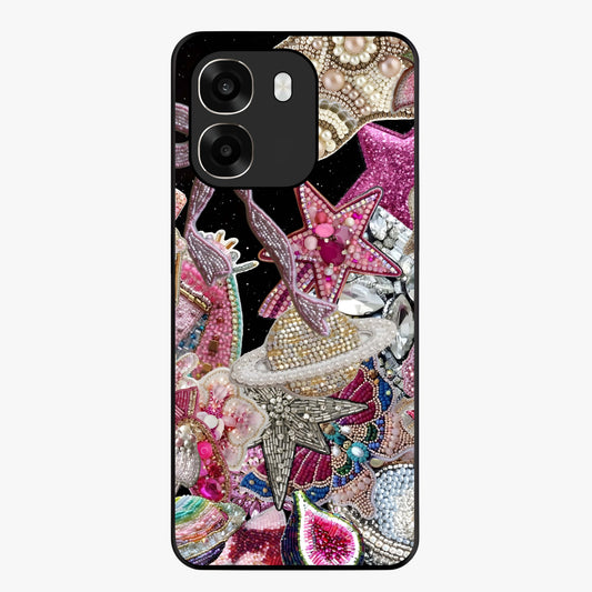 Starlit Jewel Dream Glass Case showing flat back view with sparkling jewel and star themed artwork and glossy glass finish.