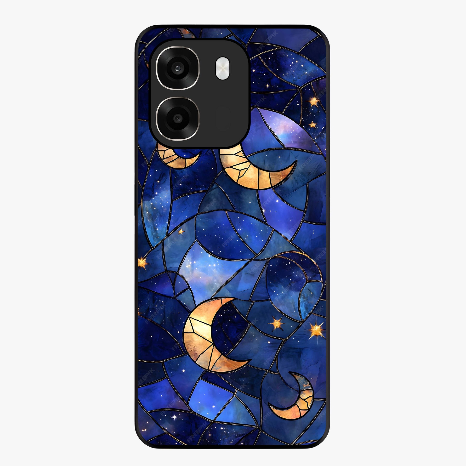 Starlit Sky Tapestry Glass Case showing flat back view with decorative starry sky tapestry artwork and glossy glass finish.