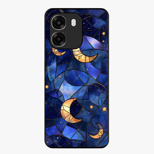 Starlit Sky Tapestry Glass Case showing flat back view with decorative starry sky tapestry artwork and glossy glass finish.