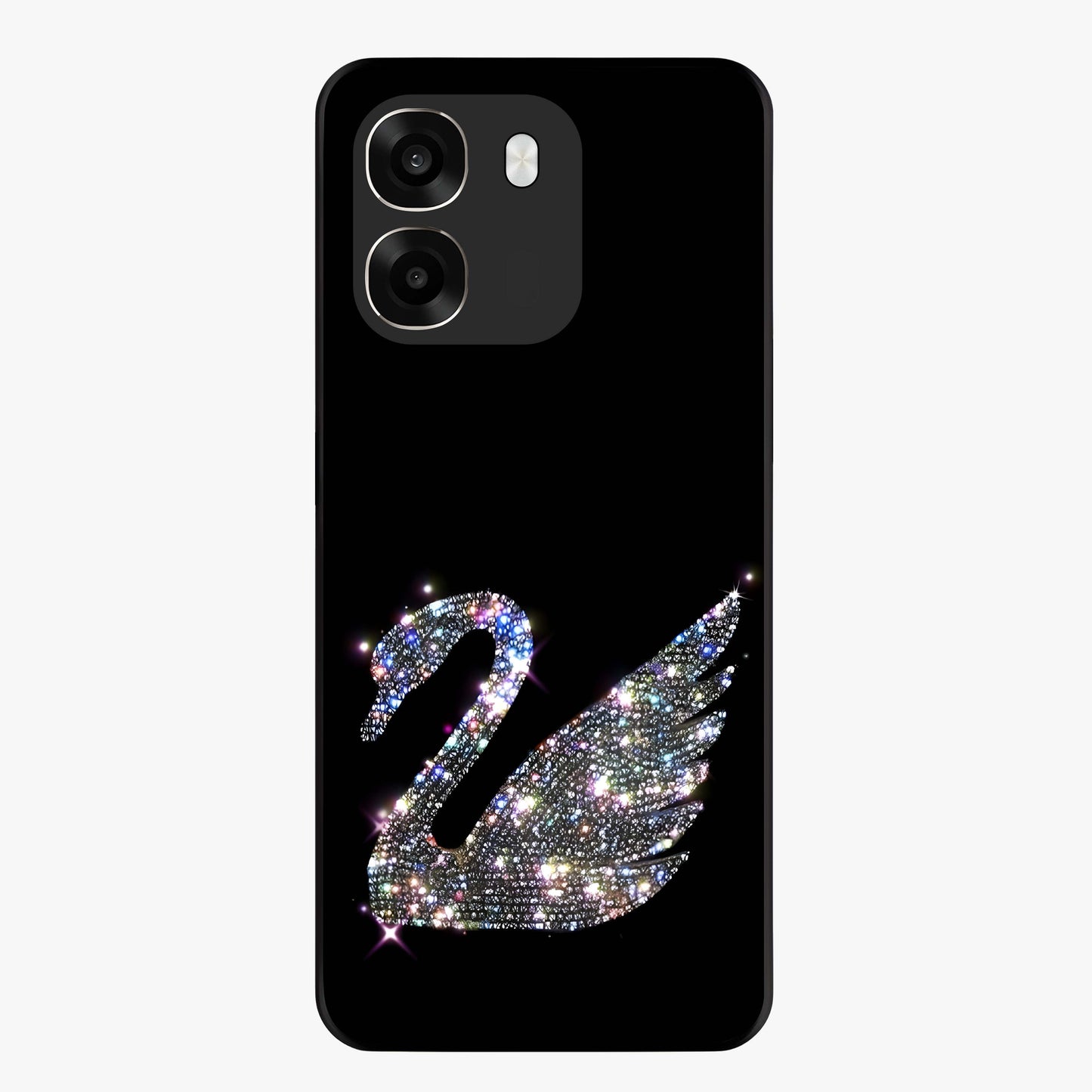 Starlit Swan Grace Glass Case showing flat back view with graceful swan artwork under starry sky and glossy glass finish.