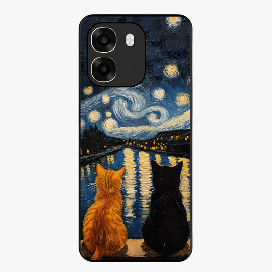 Starry River Cats Glass Case showing flat back view with cats by a starry river artwork and glossy glass finish.