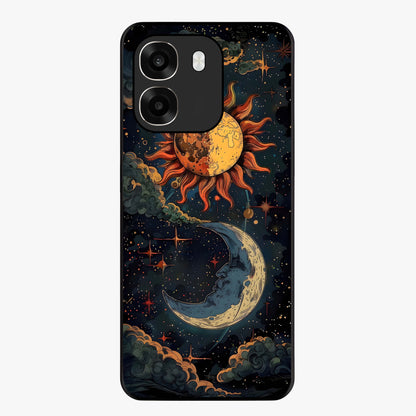 Sun And Moon Magic Design Glass Case showing flat back view with mystical sun and moon artwork and glossy glass finish.