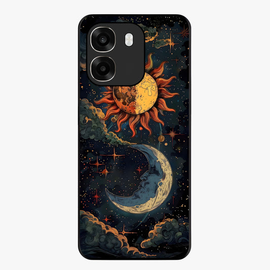 Sun And Moon Magic Design Glass Case showing flat back view with mystical sun and moon artwork and glossy glass finish.