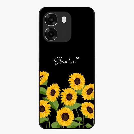 Sunflower Chic Mood Custom Name Glass Case showing flat back view with stylish sunflower artwork and personalized name design.