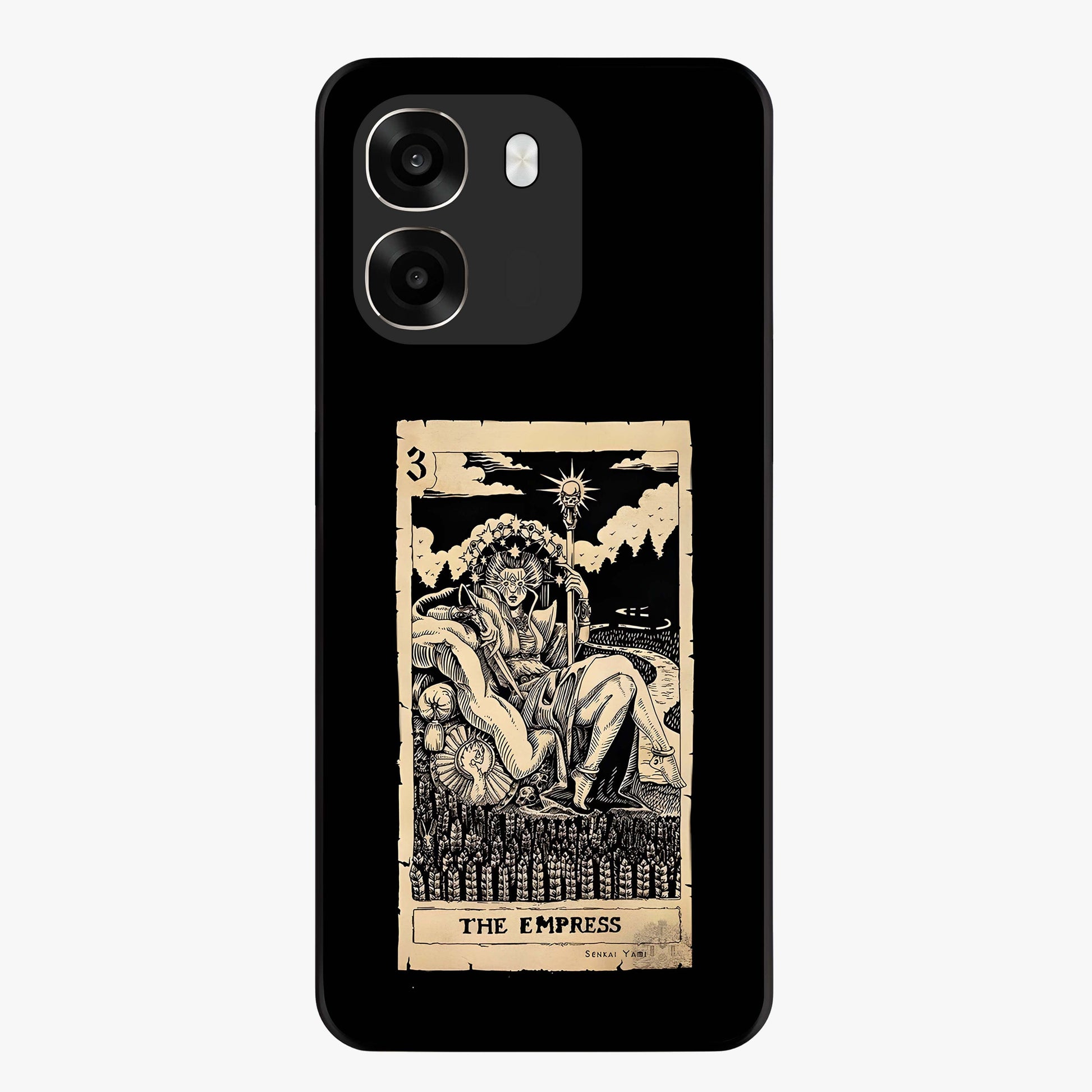 The Empress Glass Case showing flat back view with regal feminine artwork and glossy glass finish.
