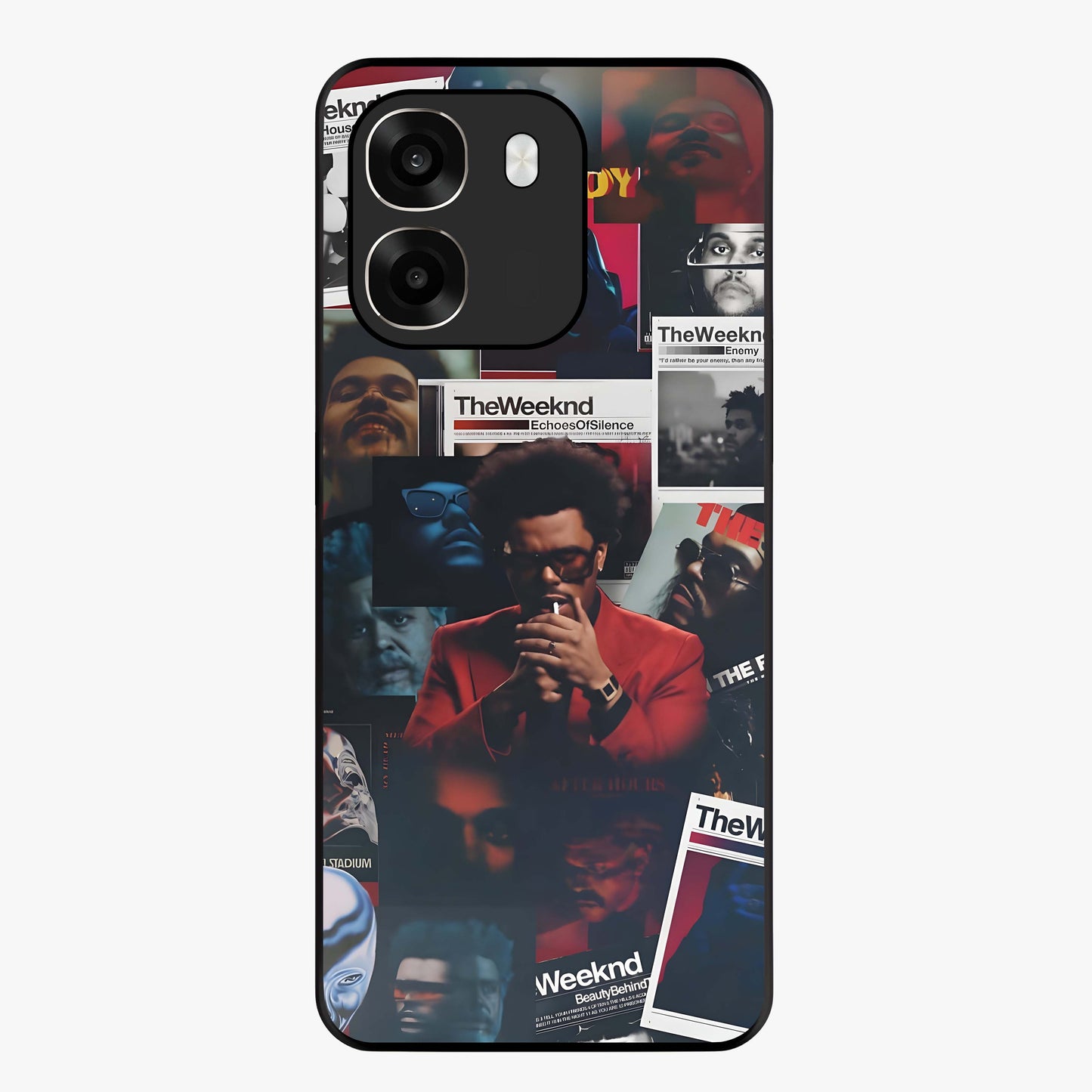 The Weeknd Glass Case showing flat back view with music inspired artistic portrait artwork and glossy glass finish.
