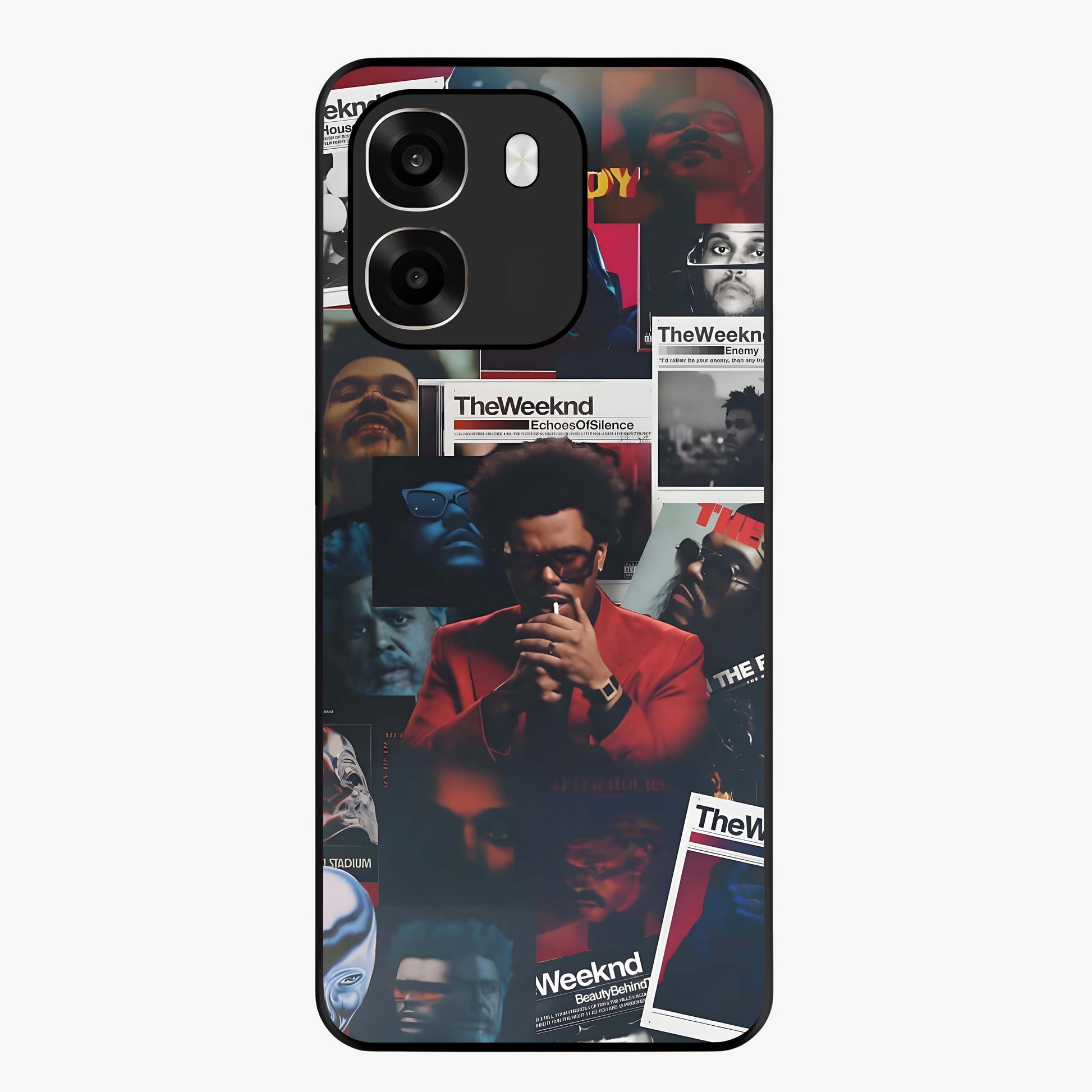 The Weeknd Glass Case showing flat back view with music inspired artistic portrait artwork and glossy glass finish.