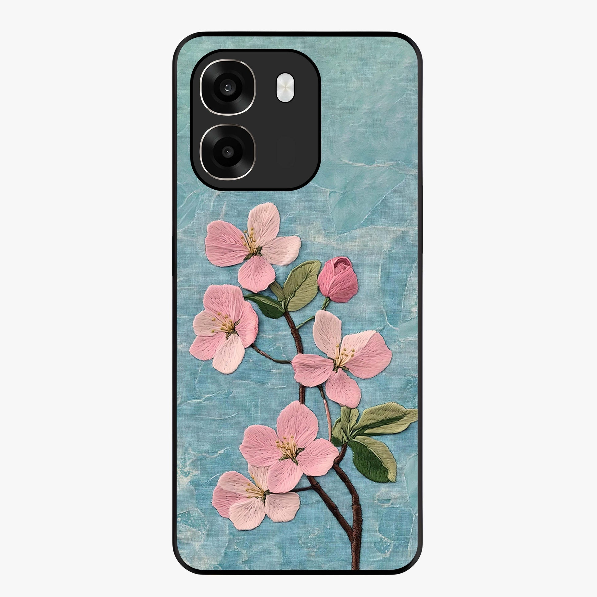 Threaded Blossom Breeze Glass Case showing flat back view with delicate blossom artwork and glossy glass finish.