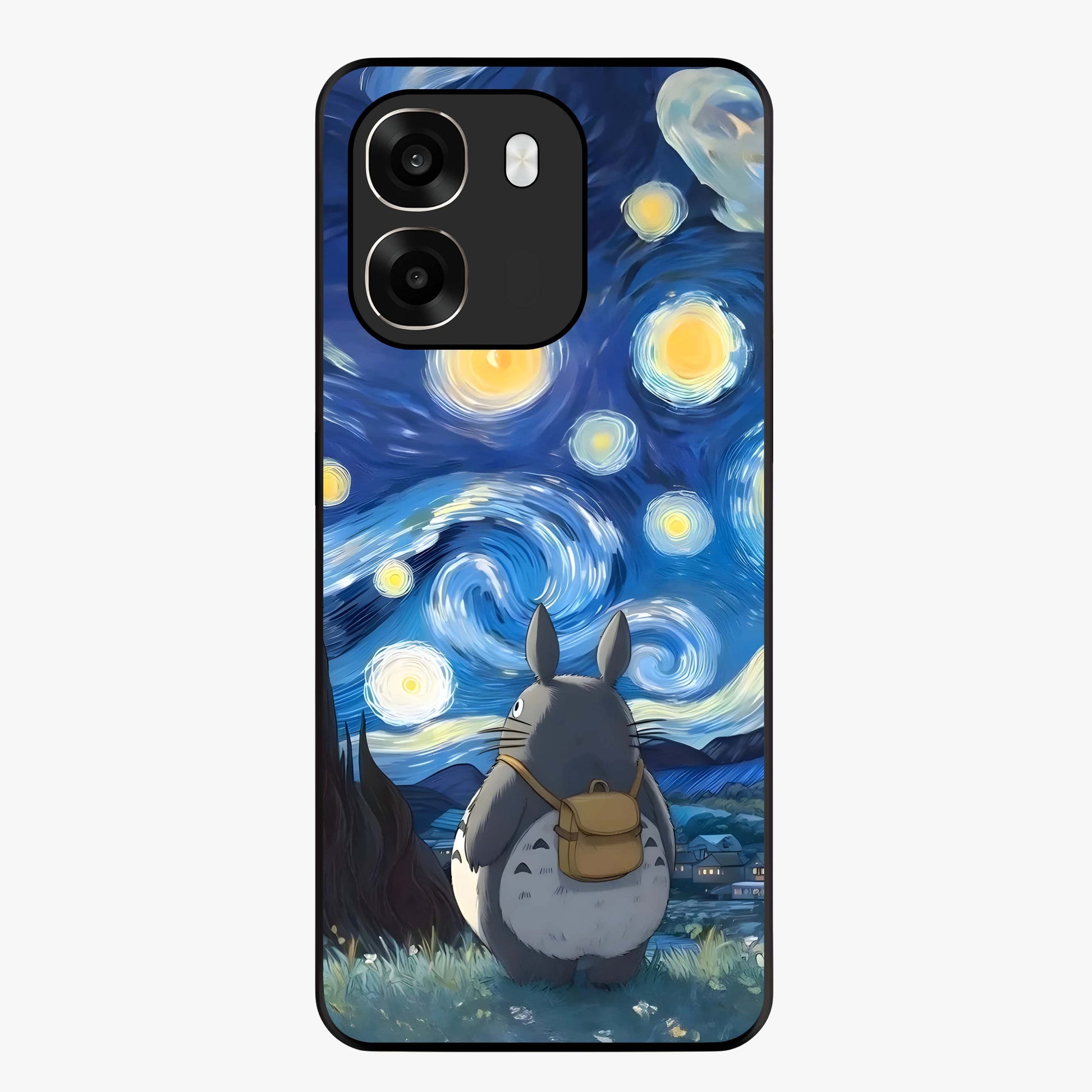 Totoro In Van Gogh Art Glass Case showing flat back view with whimsical character artwork inspired by Van Gogh style and glossy glass finish.