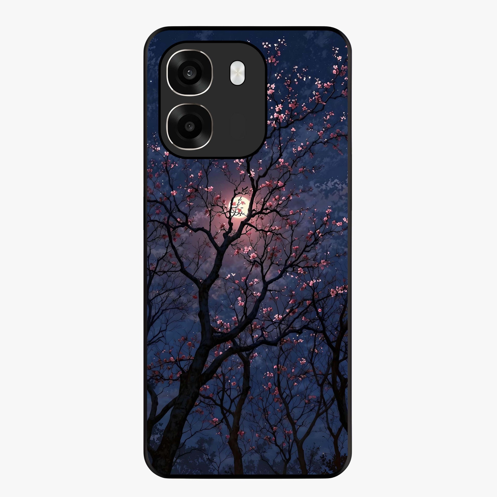 Twilight Sakura Serenade Glass Case showing flat back view with cherry blossom artwork at twilight and glossy glass finish.