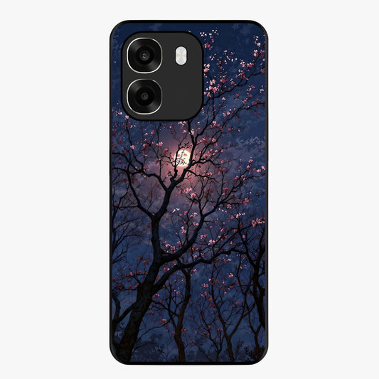Twilight Sakura Serenade Glass Case showing flat back view with cherry blossom artwork at twilight and glossy glass finish.