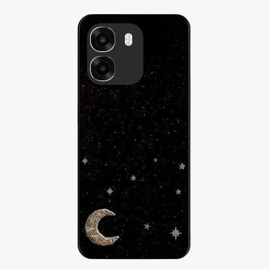 Twinkle Star With Half Moon Glass Case showing flat back view with star and half moon artwork and glossy glass finish.