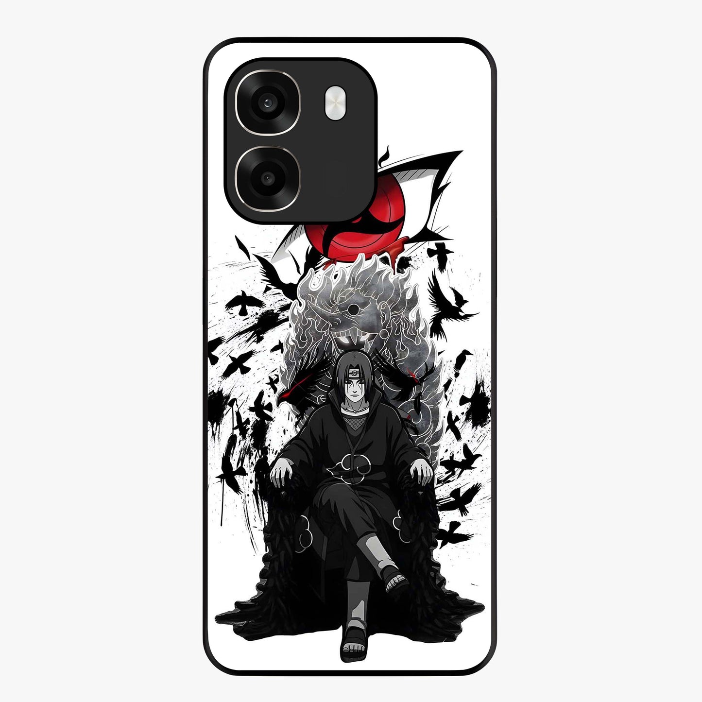 Uchiha Shadow Throne Glass Case showing flat back view with cosmic underwater themed artwork and glossy glass finish.
