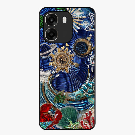 Universe Underwater Spark Glass Case showing flat back view with cosmic underwater themed artwork and glossy glass finish.
