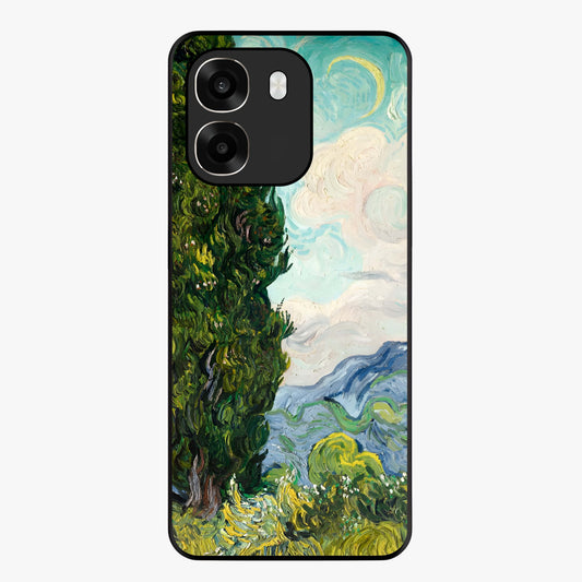 Van Gogh Vintage Art Glass Case showing flat back view with vintage painterly artwork inspired by Van Gogh style and glossy glass finish.