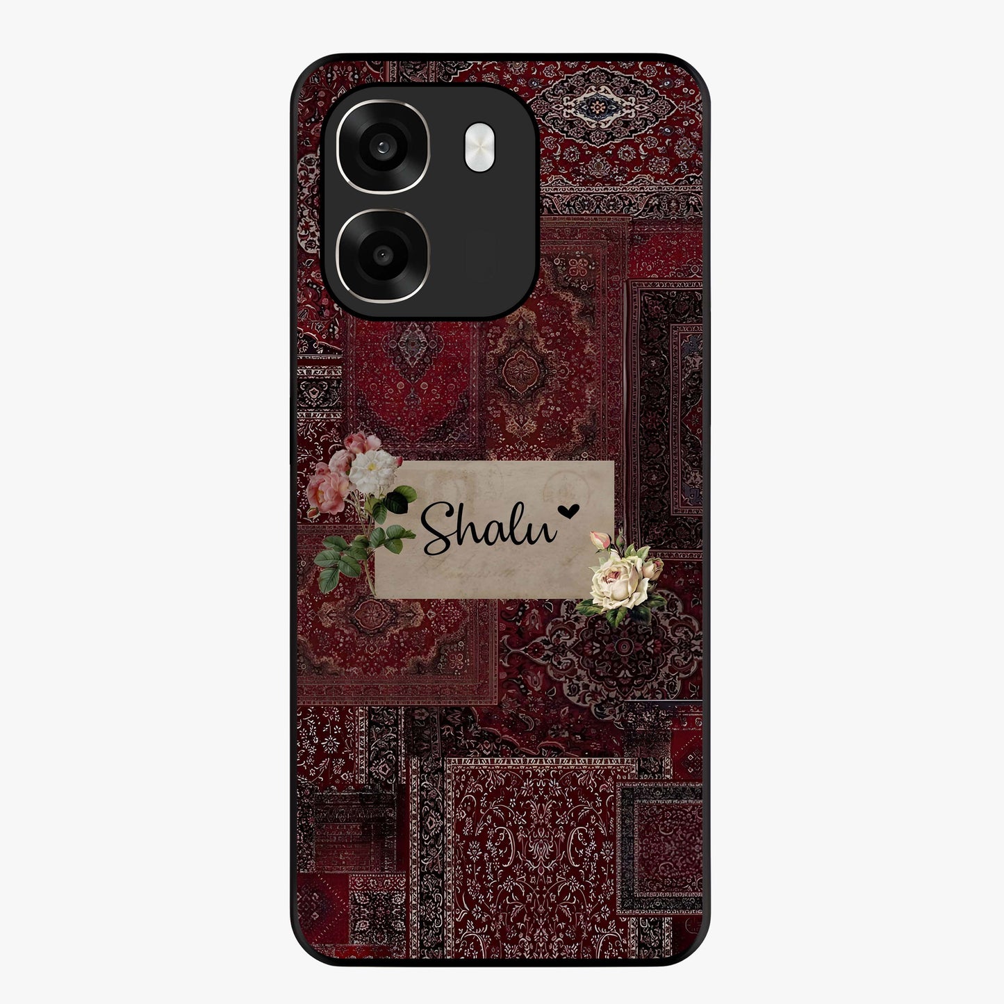 Velvet Wine Pattern Custom Name Glass Case showing flat back view with elegant wine colored pattern artwork and personalized name design.
