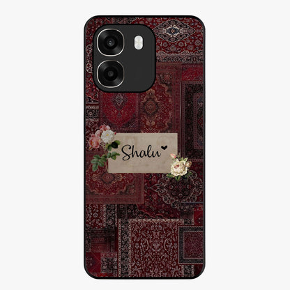 Velvet Wine Pattern Custom Name Glass Case showing flat back view with elegant wine colored pattern artwork and personalized name design.