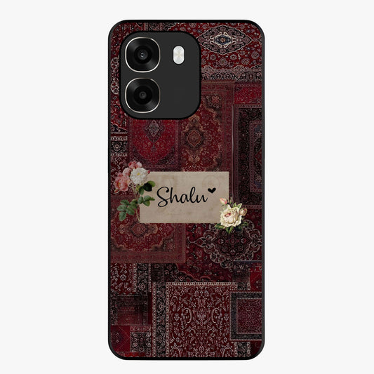 Velvet Wine Pattern Custom Name Glass Case showing flat back view with elegant wine colored pattern artwork and personalized name design.