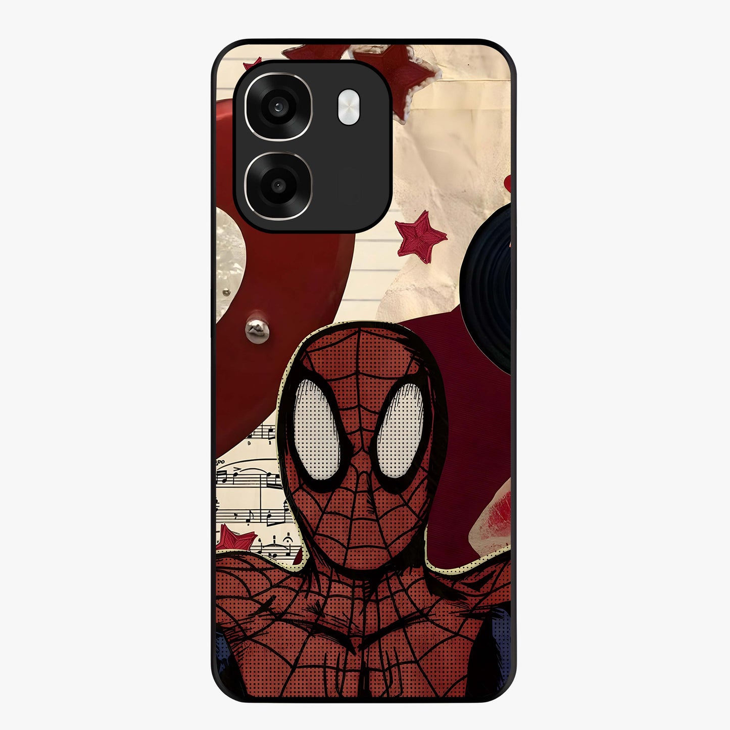 Web Warrior Vibes Glass Case showing flat back view with superhero inspired web themed artwork and glossy glass finish.