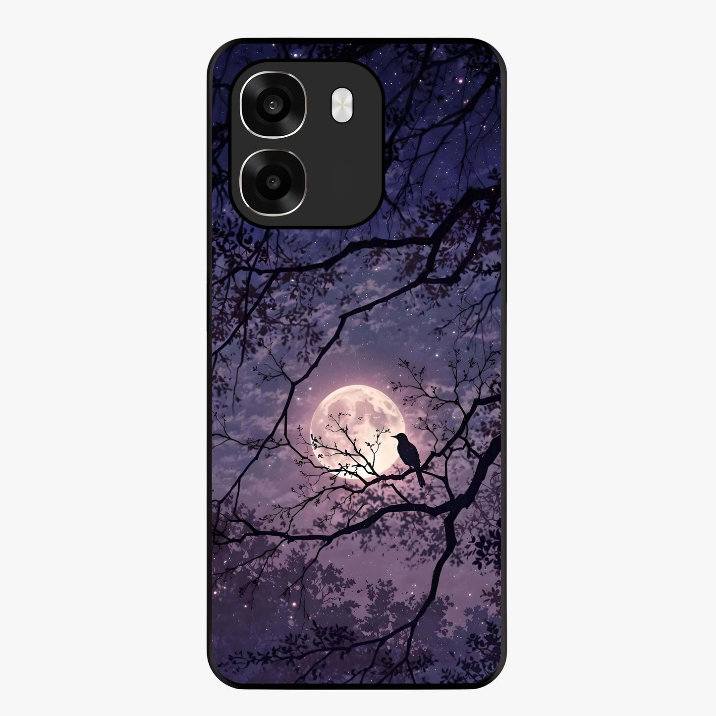 Whispering Moon Silence Glass Case showing flat back view with serene moon themed artwork and glossy glass finish.