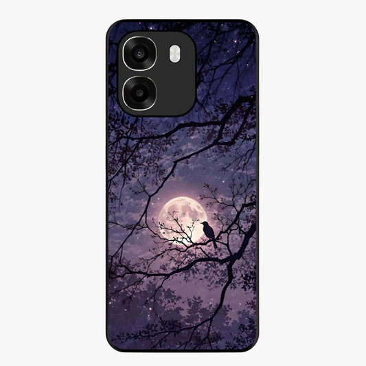 Whispering Moon Silence Glass Case showing flat back view with serene moon themed artwork and glossy glass finish.