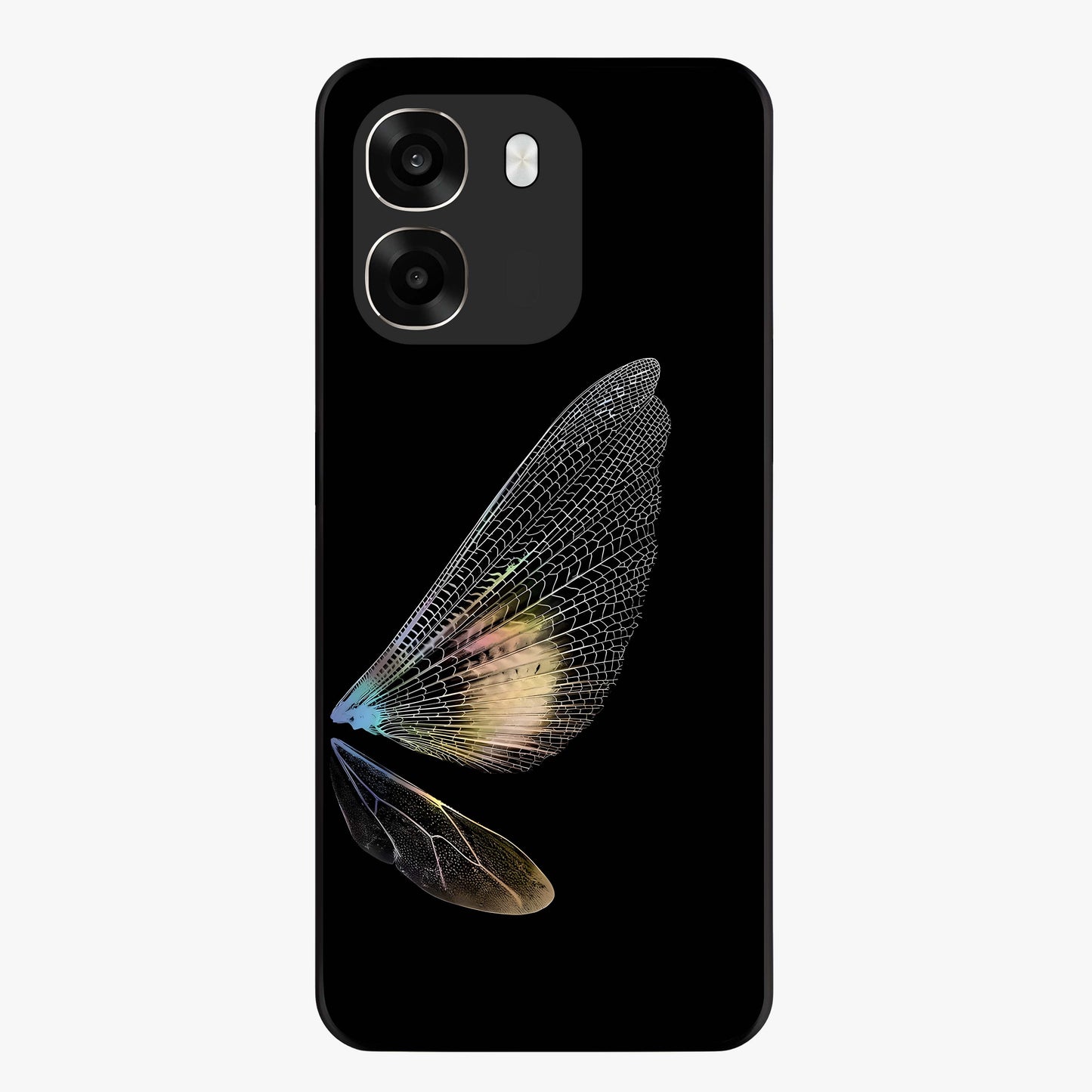 Whispers Of Wings Glass Case showing flat back view with graceful wing inspired artwork and glossy glass finish.