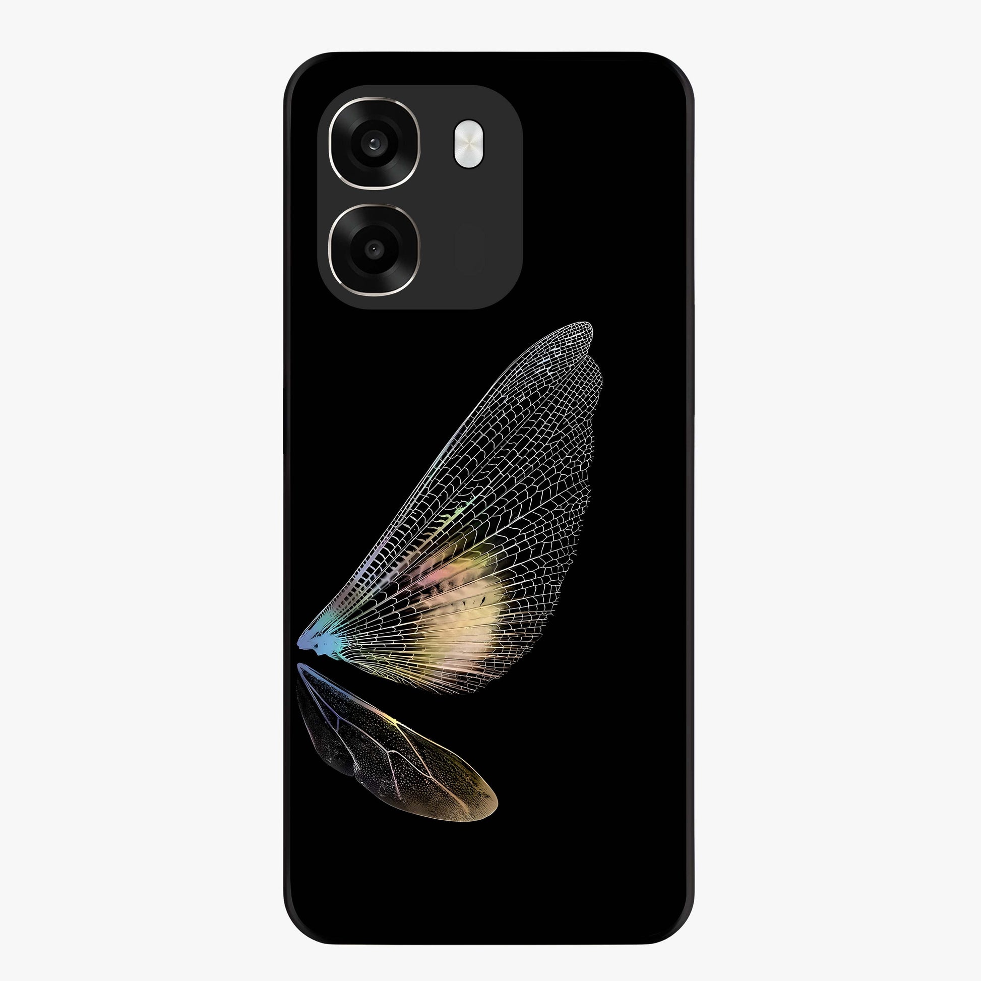 Whispers Of Wings Glass Case showing flat back view with graceful wing inspired artwork and glossy glass finish.