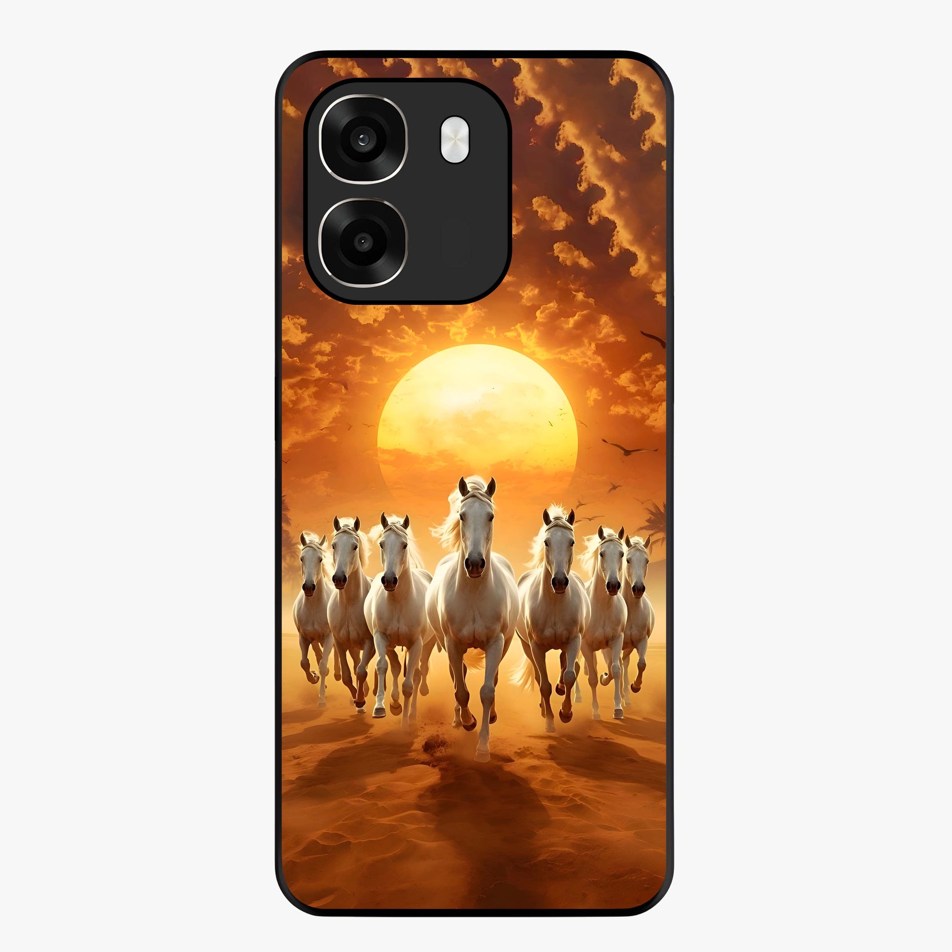 Wild Sunset Majesty Glass Case showing flat back view with majestic sunset landscape artwork and glossy glass finish.
