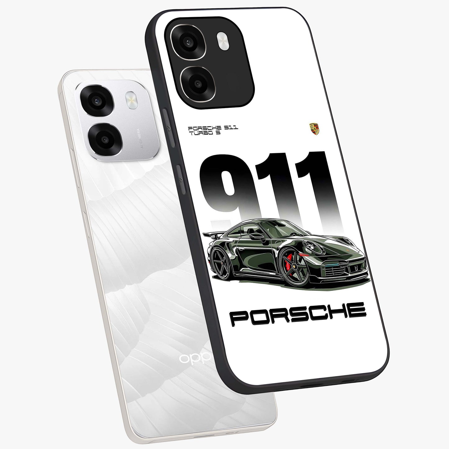 911 Turbo Dominance Glass Case displayed in premium angled mockup highlighting sporty car illustration and sleek glass surface.
