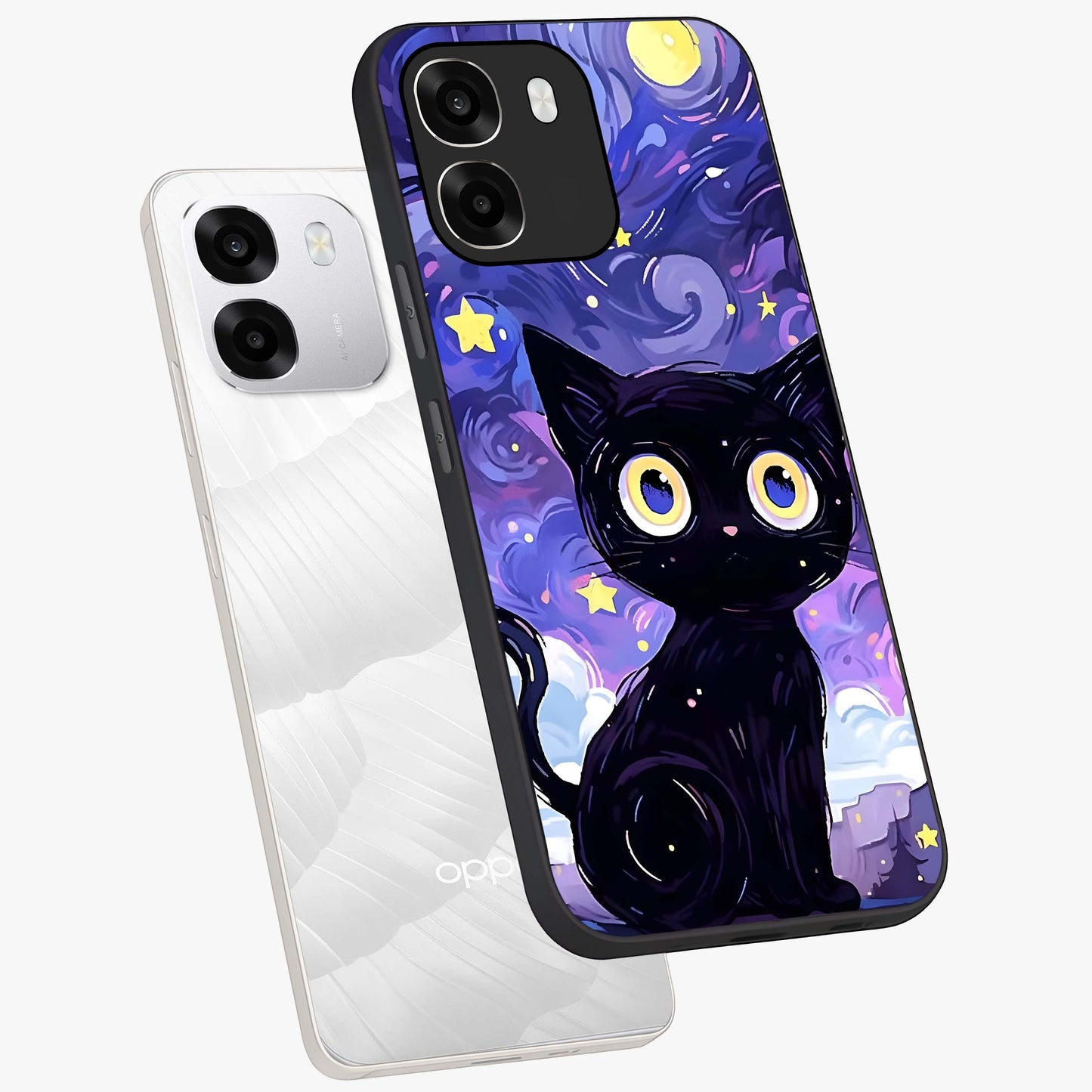 Abstract Cat Art Glass Case displayed in angled mockup highlighting modern abstract cat artwork and sleek glass surface.