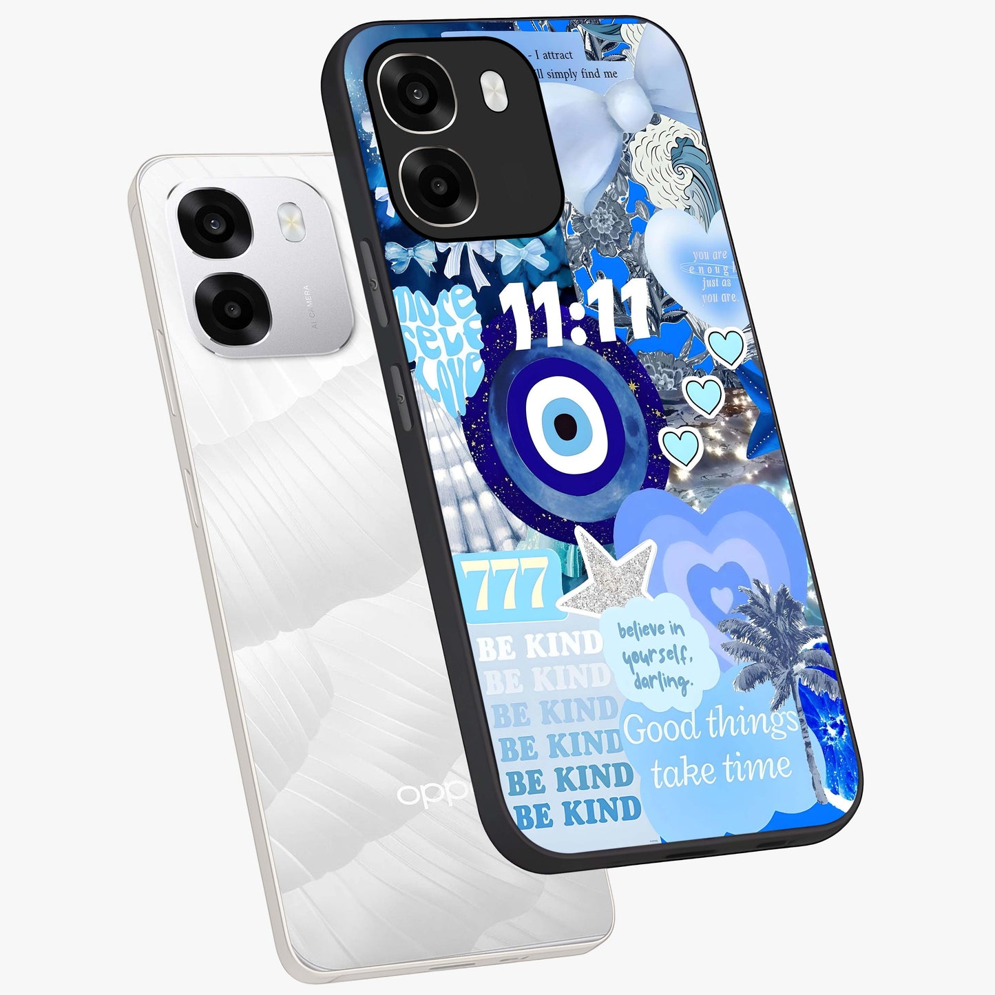 Aesthetic Be Kind Eye Glass Case displayed in angled mockup highlighting aesthetic eye design and inspirational vibe.